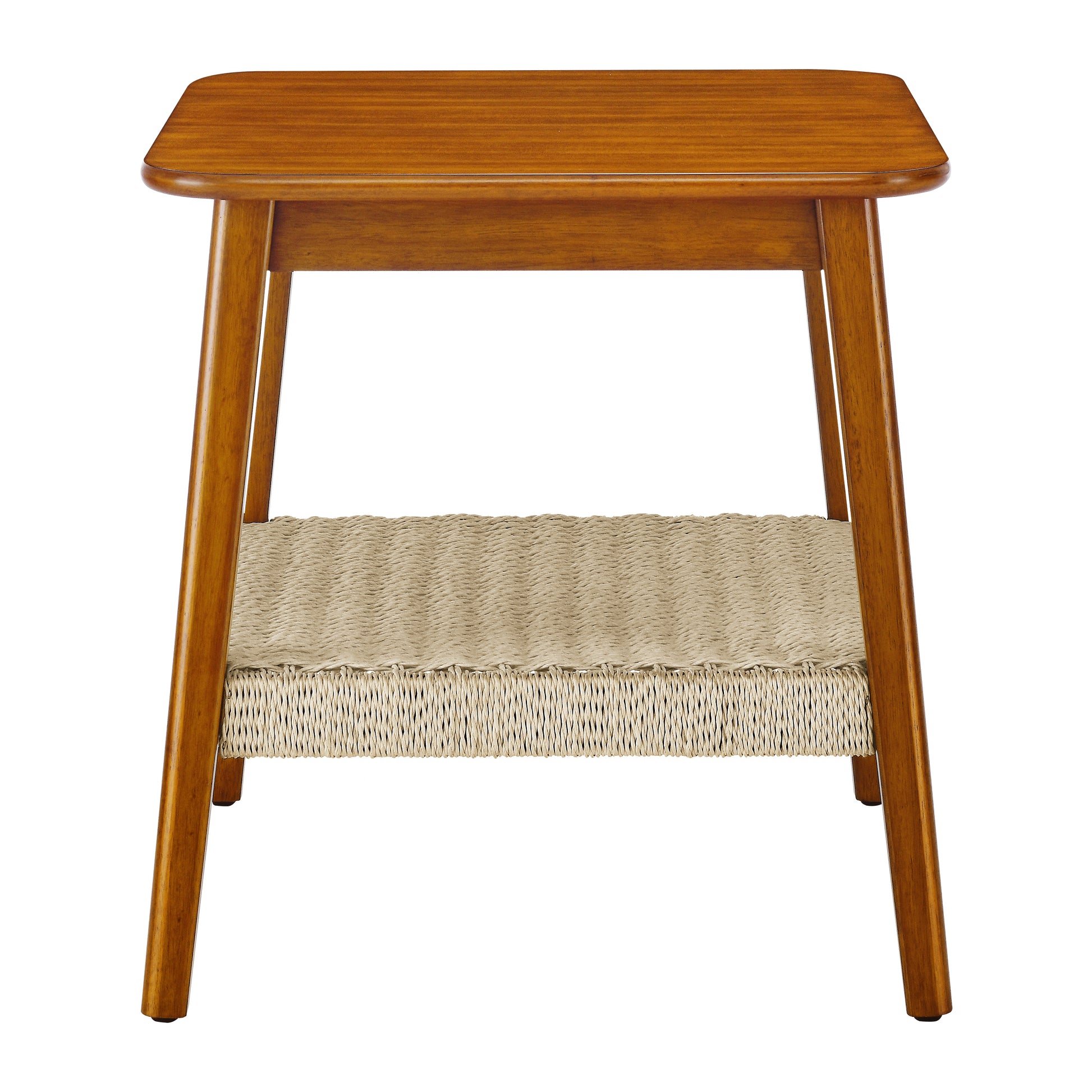 Wooden end table with woven shelf and rounded edges