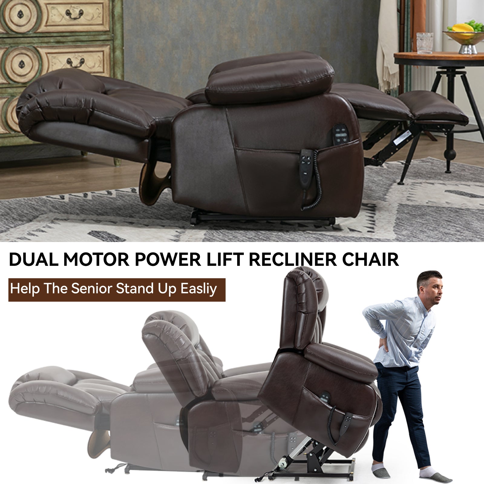 Brown leather dual motor power lift recliner chair in a relaxed position