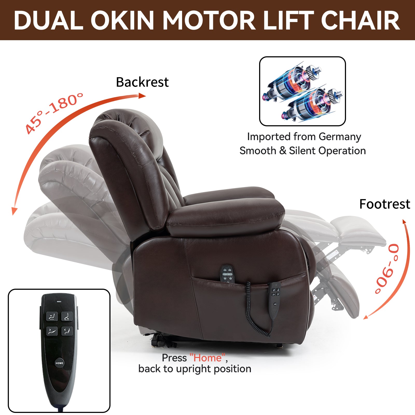 Brown leather dual motor lift chair with adjustable backrest and footrest