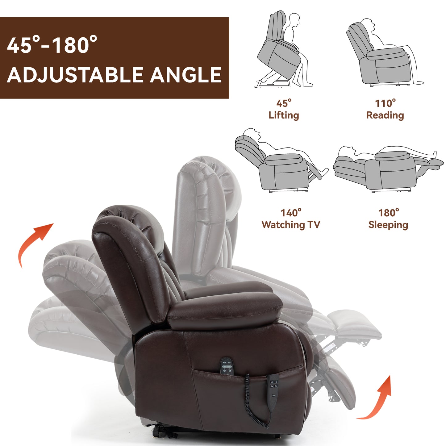 Brown leather recliner chair shown in multiple adjustable positions from lifting to sleeping