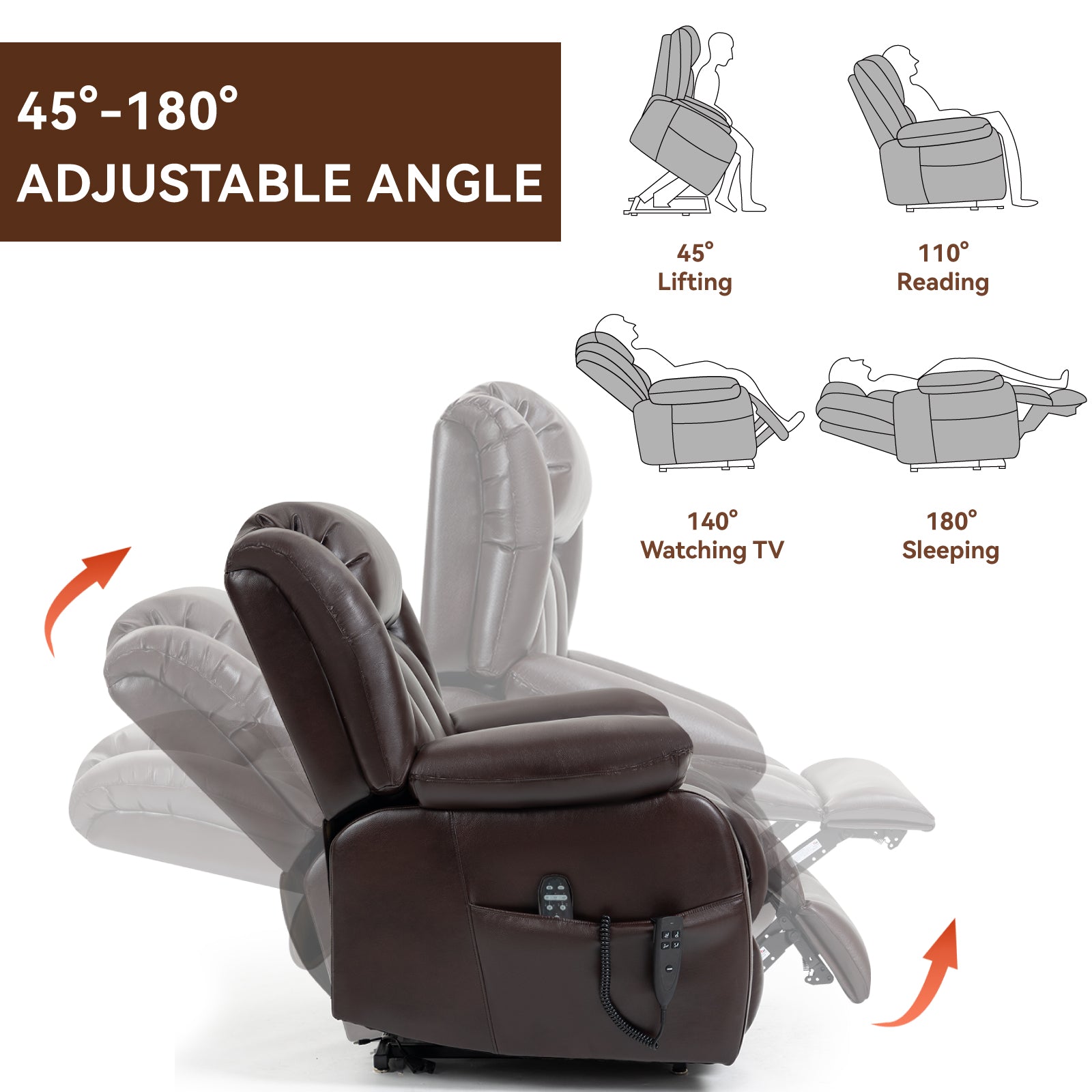 Brown leather recliner chair shown in multiple adjustable positions from lifting to sleeping