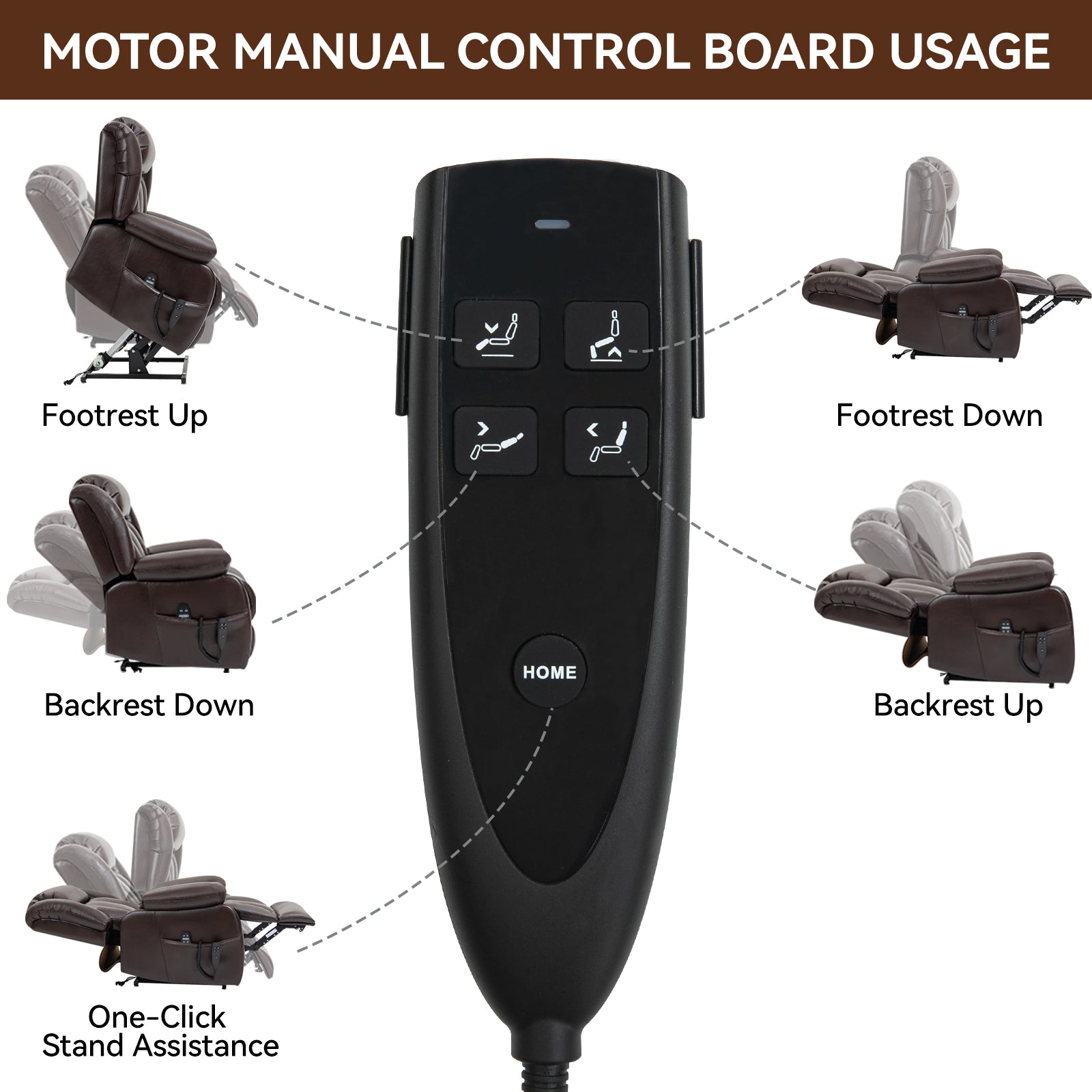 Black recliner motor control for footrest up function