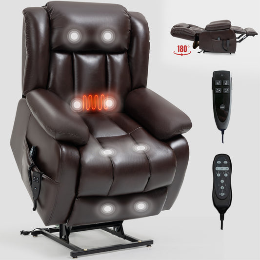 Brown leather lift recliner chair with heating and massage functions for elderly comfort