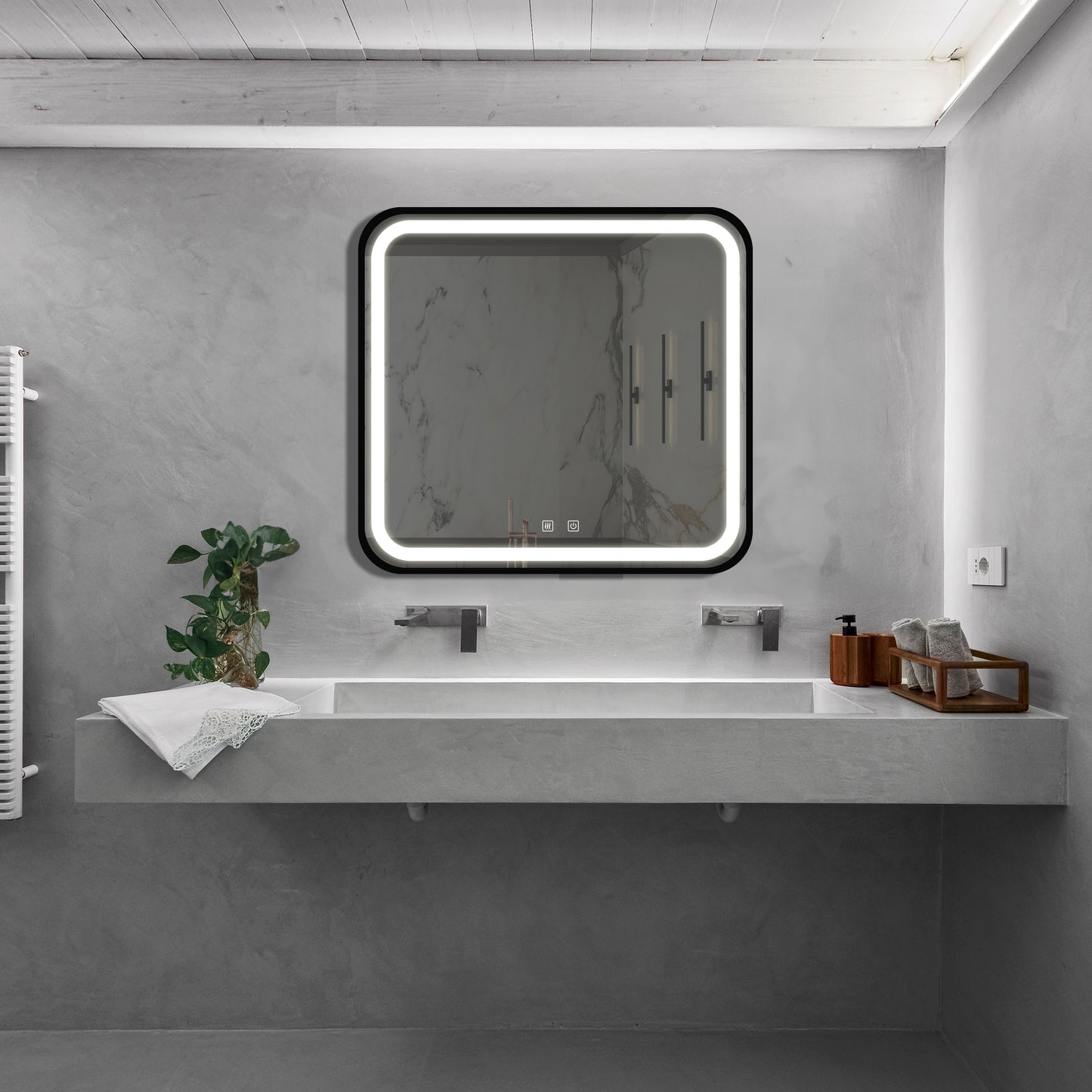Modern rectangular bathroom mirror with integrated LED lighting and marbleeffect glass