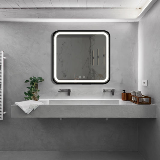 Modern rectangular bathroom mirror with integrated LED lighting and marbleeffect glass