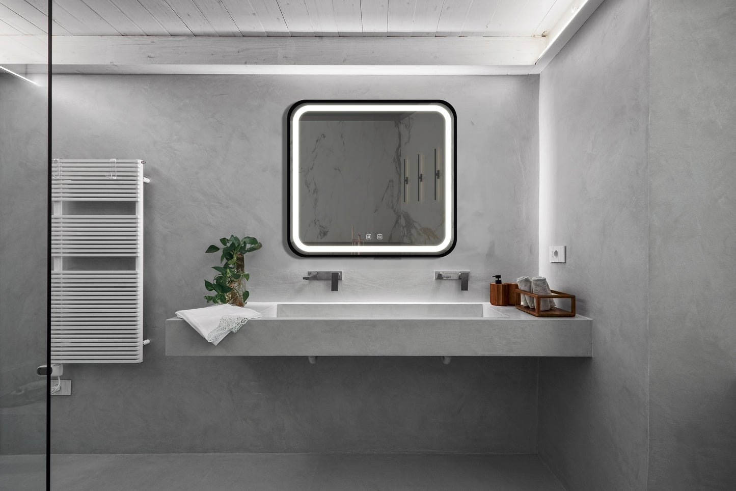Modern bathroom vanity with integrated sink chrome faucet and LED backlit mirror for a sleek look