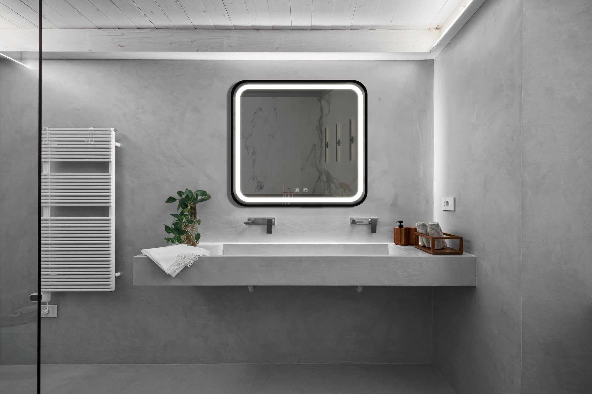Modern bathroom vanity with integrated sink chrome faucet and LED backlit mirror for a sleek look