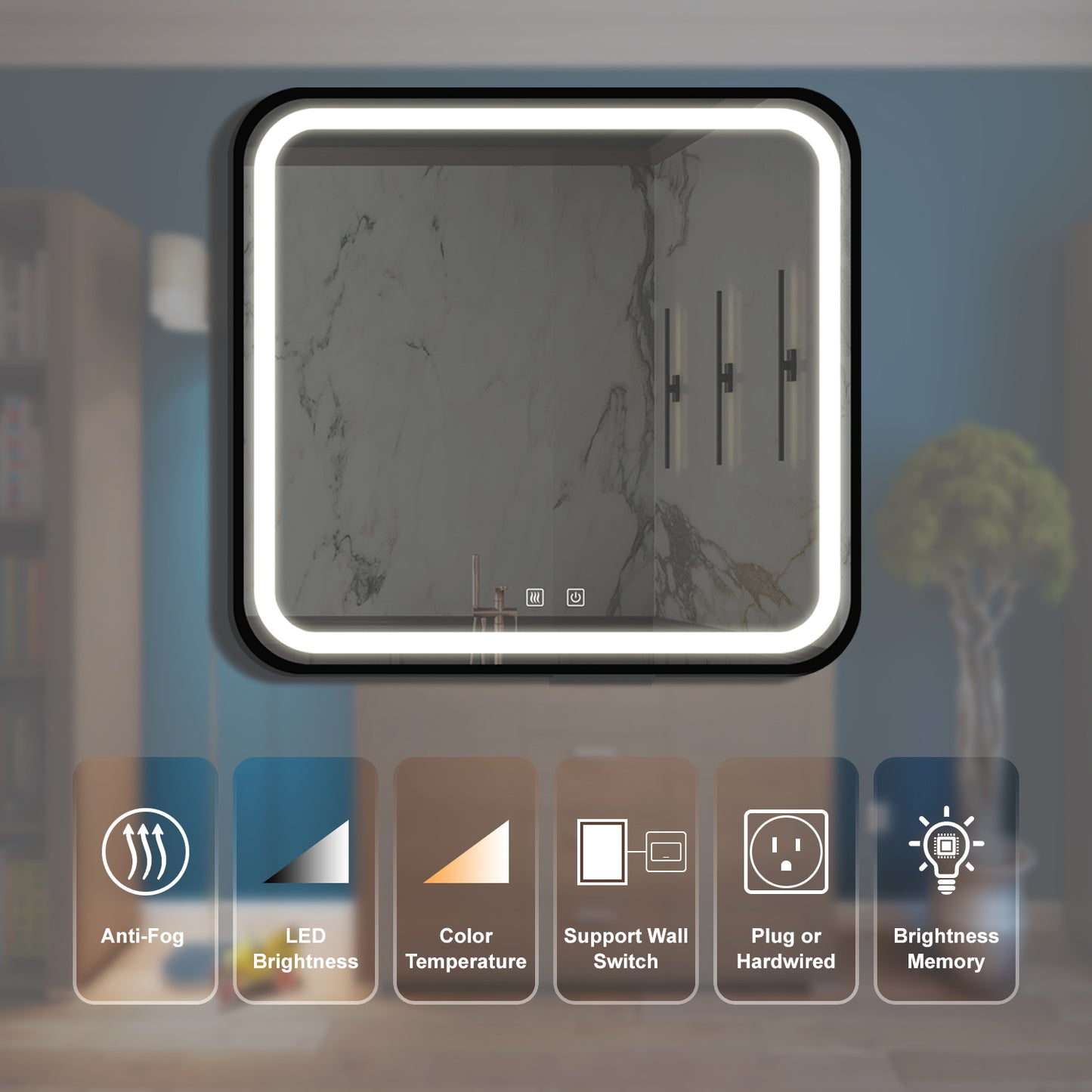 Modern LED bathroom mirror with antifog feature and adjustable brightness