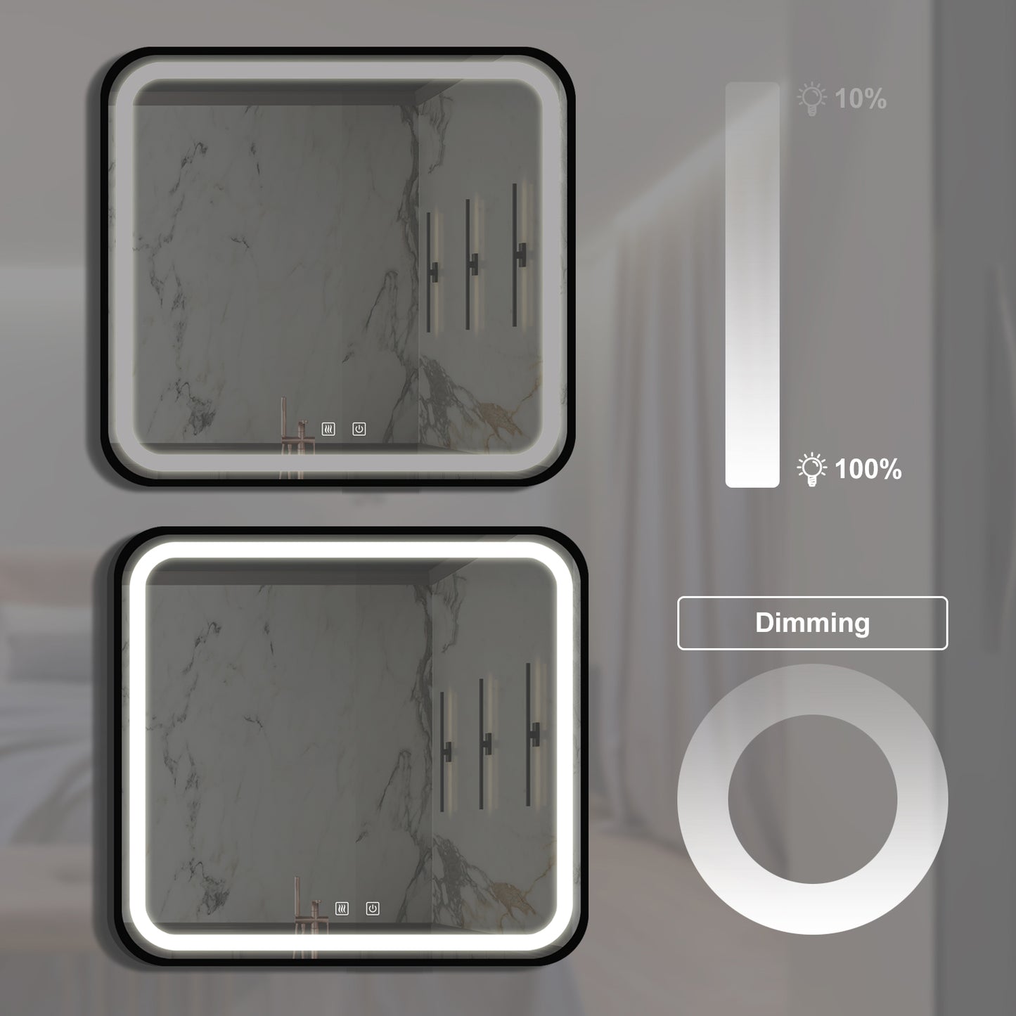Modern lighted bathroom mirror with dimming feature and antifog