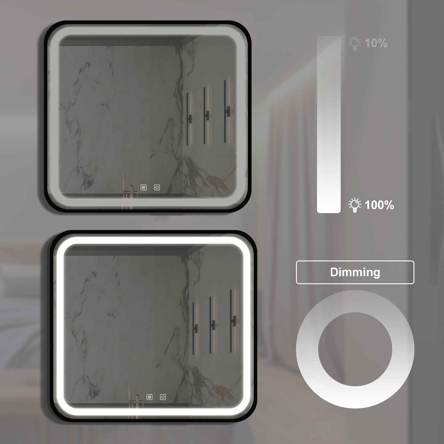 Modern lighted bathroom mirror with dimming feature and antifog