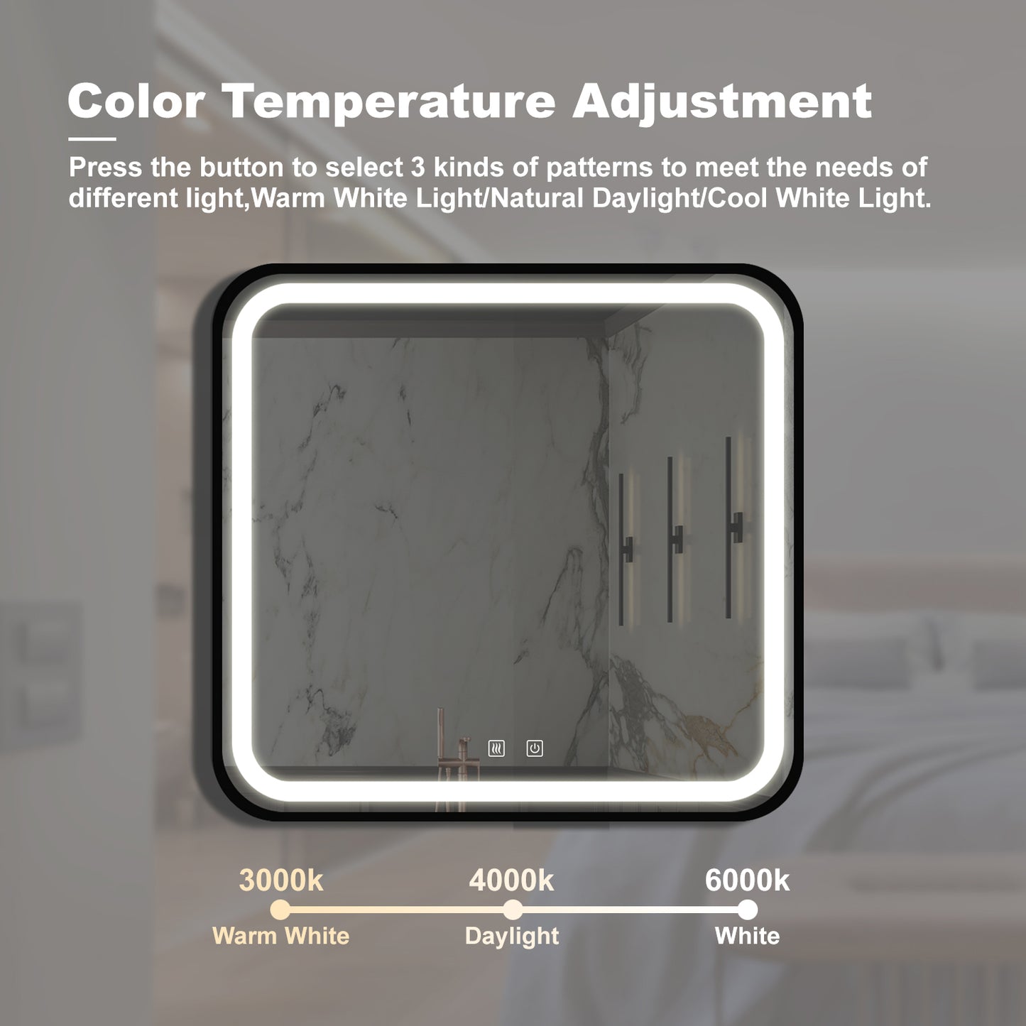 Illuminated bathroom mirror with adjustable color temperature warm white daylight and cool white light settings