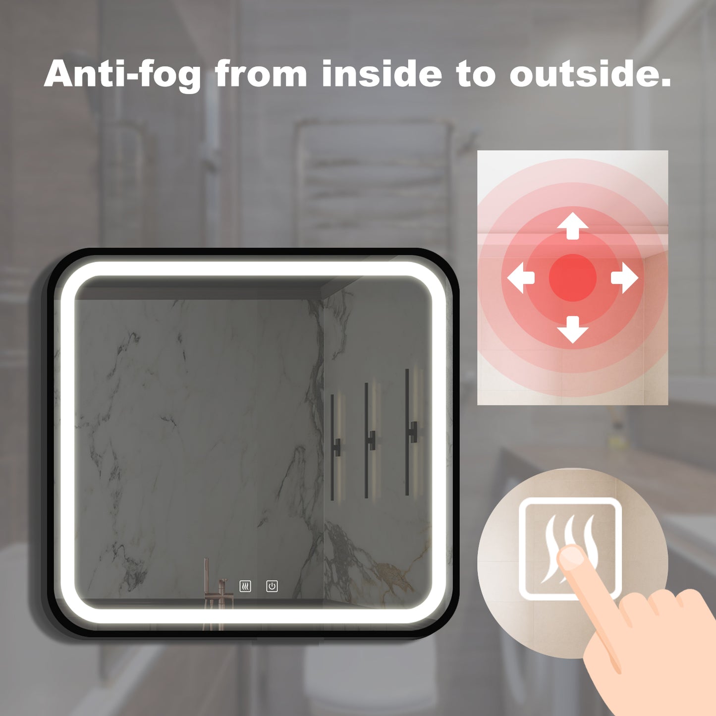 Modern bathroom mirror with integrated LED antifog feature x inches
