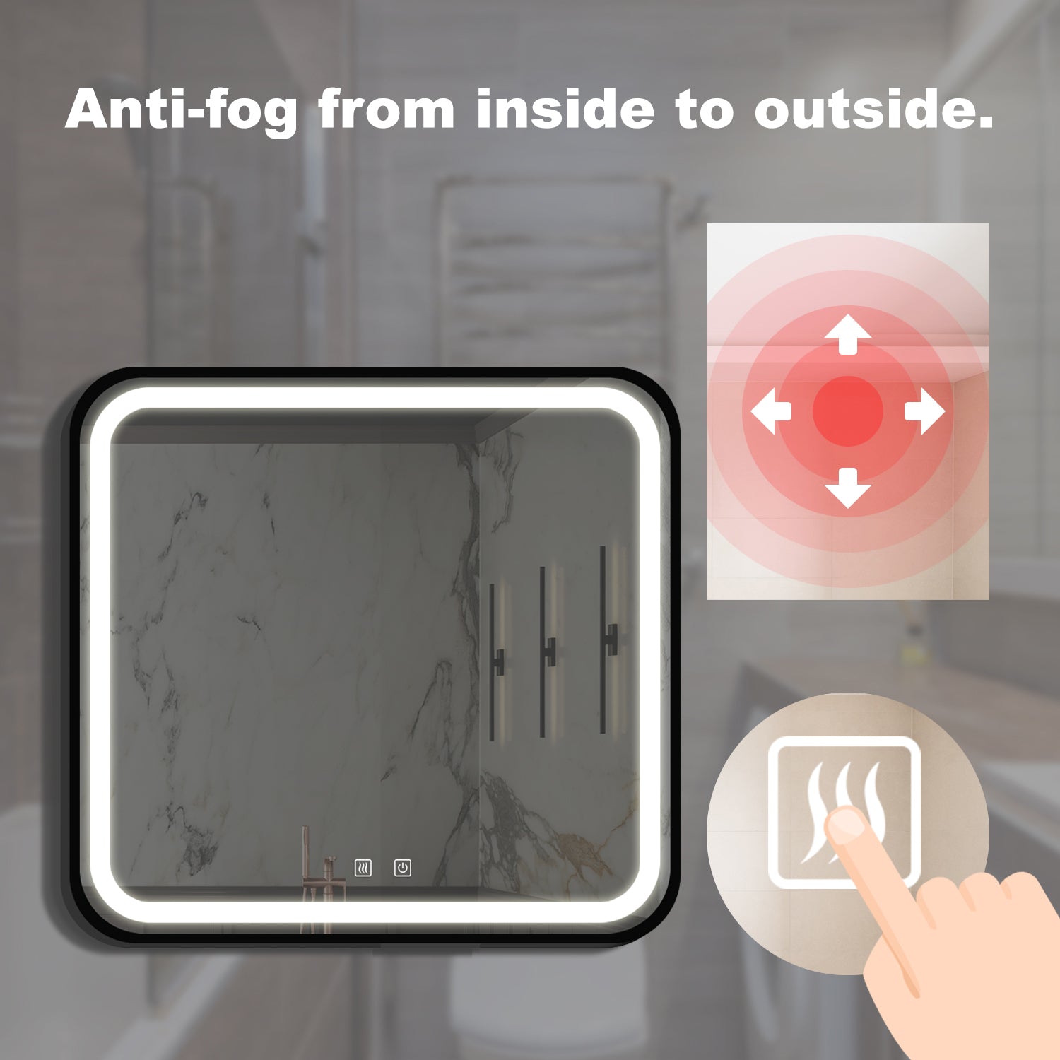 Modern bathroom mirror with integrated LED antifog feature x inches