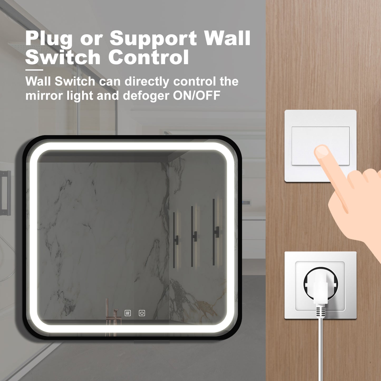 Illuminated bathroom mirror with touch controls featuring a defogger function and integrated light