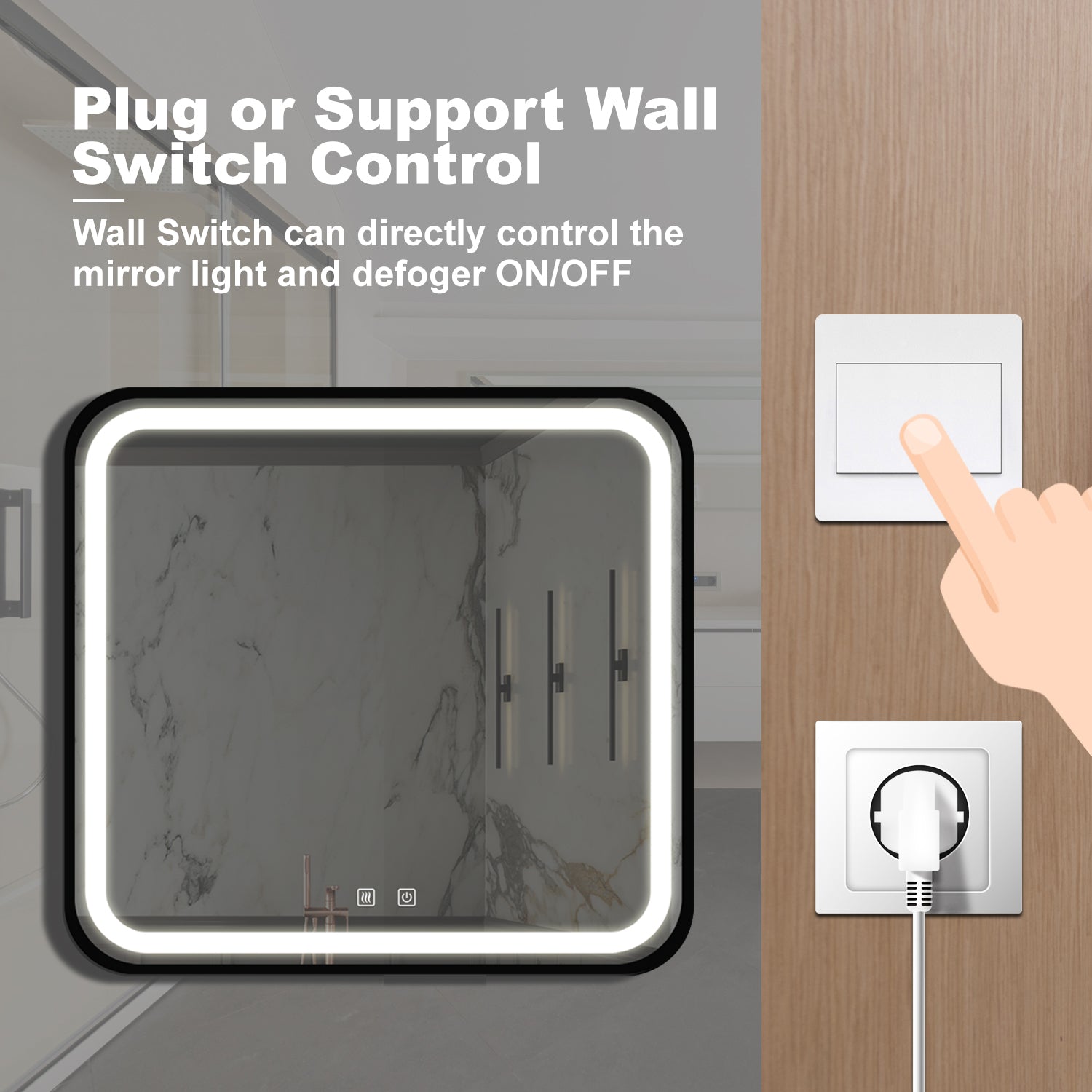 Illuminated bathroom mirror with touch controls featuring a defogger function and integrated light
