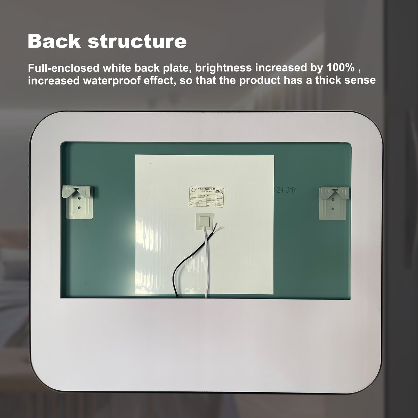 Back of a framed bathroom mirror featuring a fullenclosed white heating film back plate