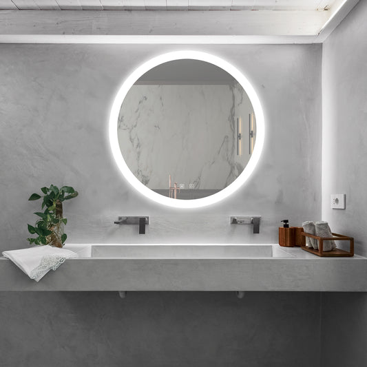Modern circular bathroom mirror with integrated LED lighting and touch controls