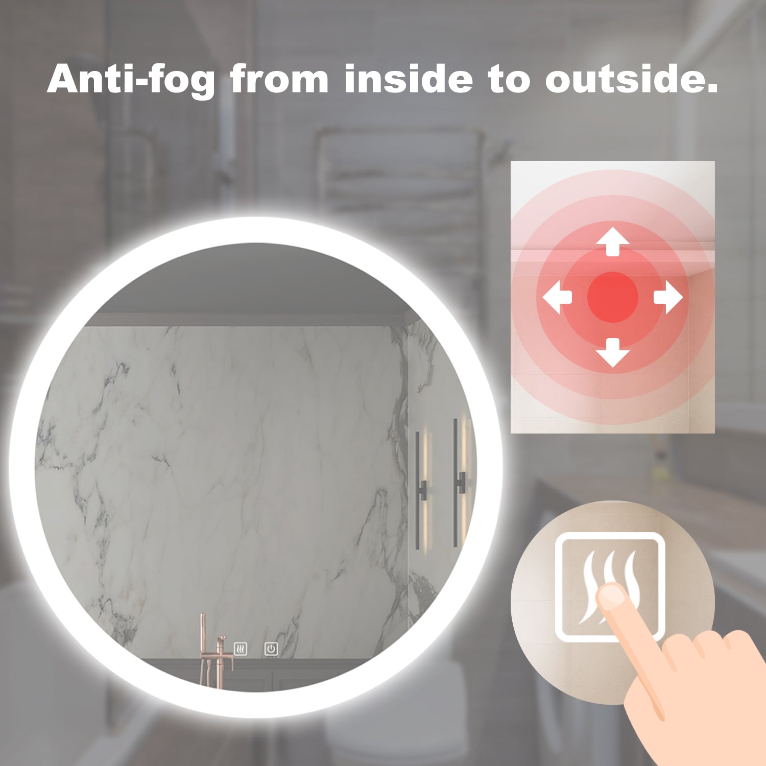 Illuminated round bathroom mirror with antifog feature and touch controls