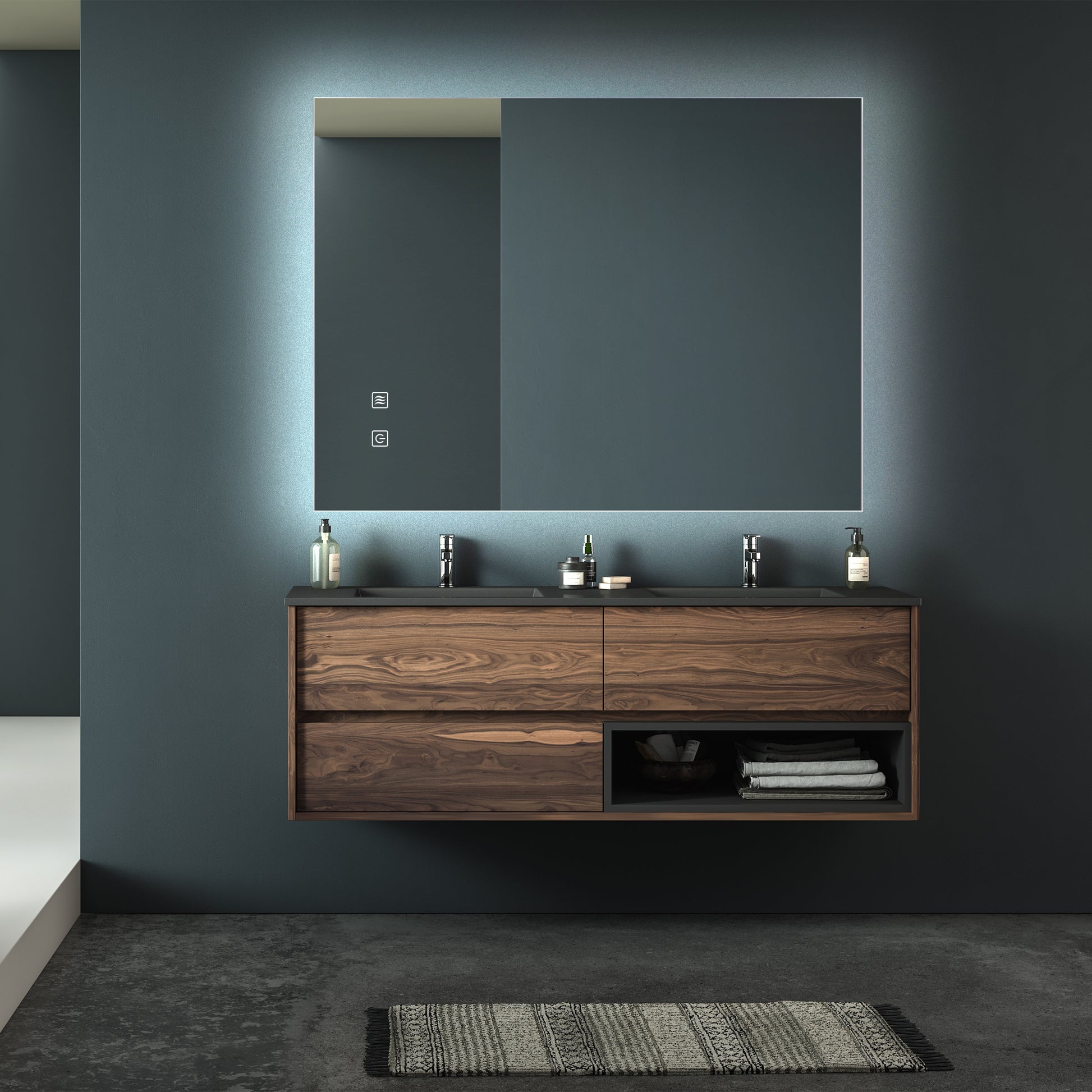 Modern walnut double bathroom vanity with integrated LED mirror and twin sinks