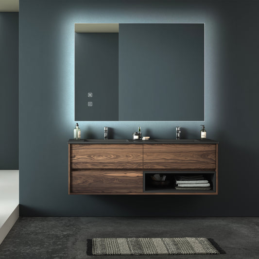 Modern walnut double bathroom vanity with integrated LED mirror and twin sinks