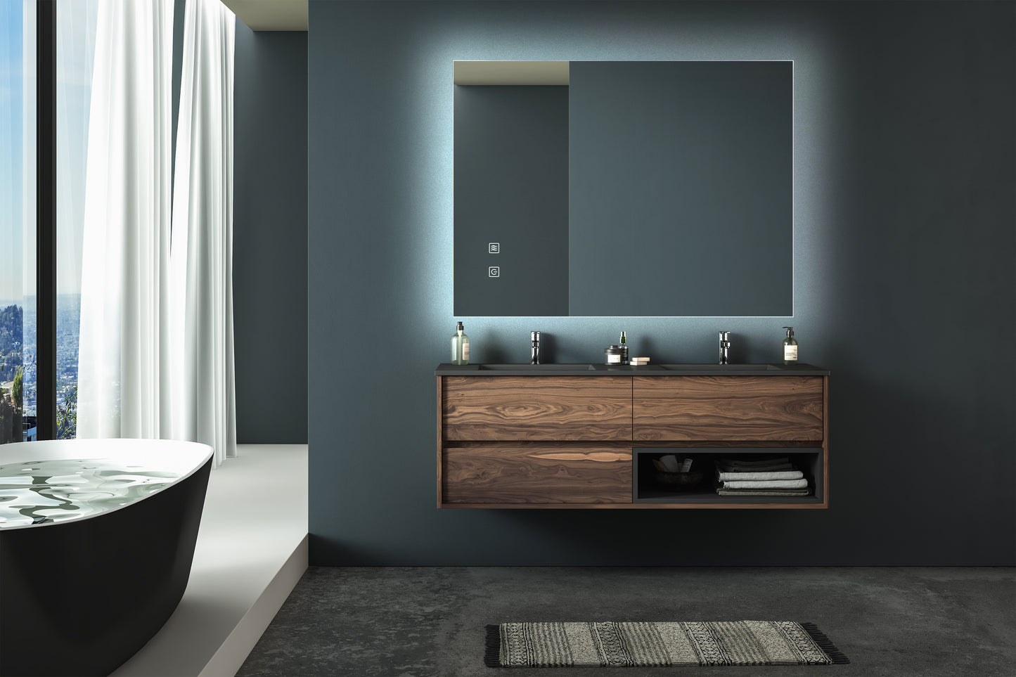 Modern floating vanity with dark walnut finish and integrated lighting