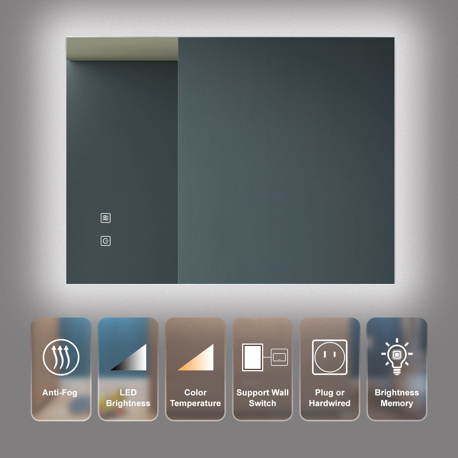 Modern illuminated bathroom mirror with antifog technology and touch controls