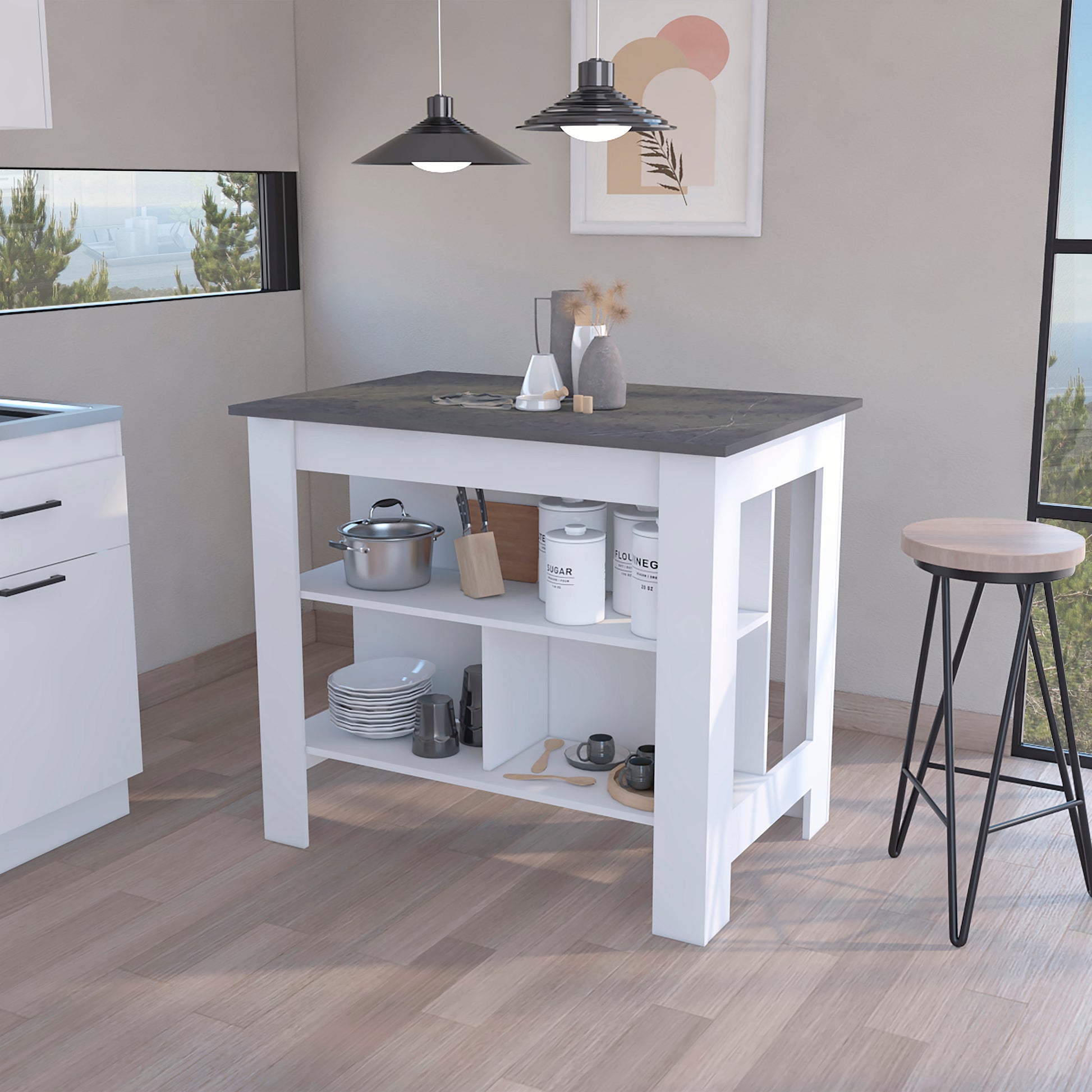 White kitchen island with dark gray speckled top and open shelving