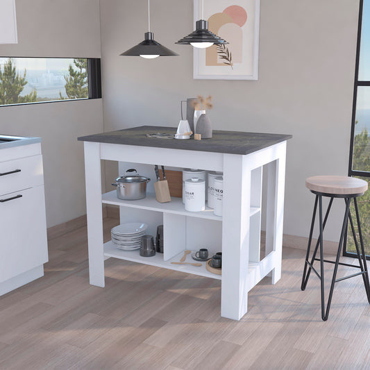White kitchen island with dark gray speckled top and open shelving