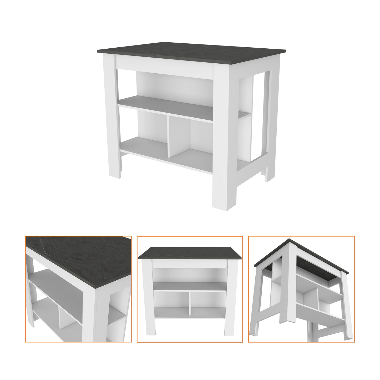 White and dark gray island cart with open shelving