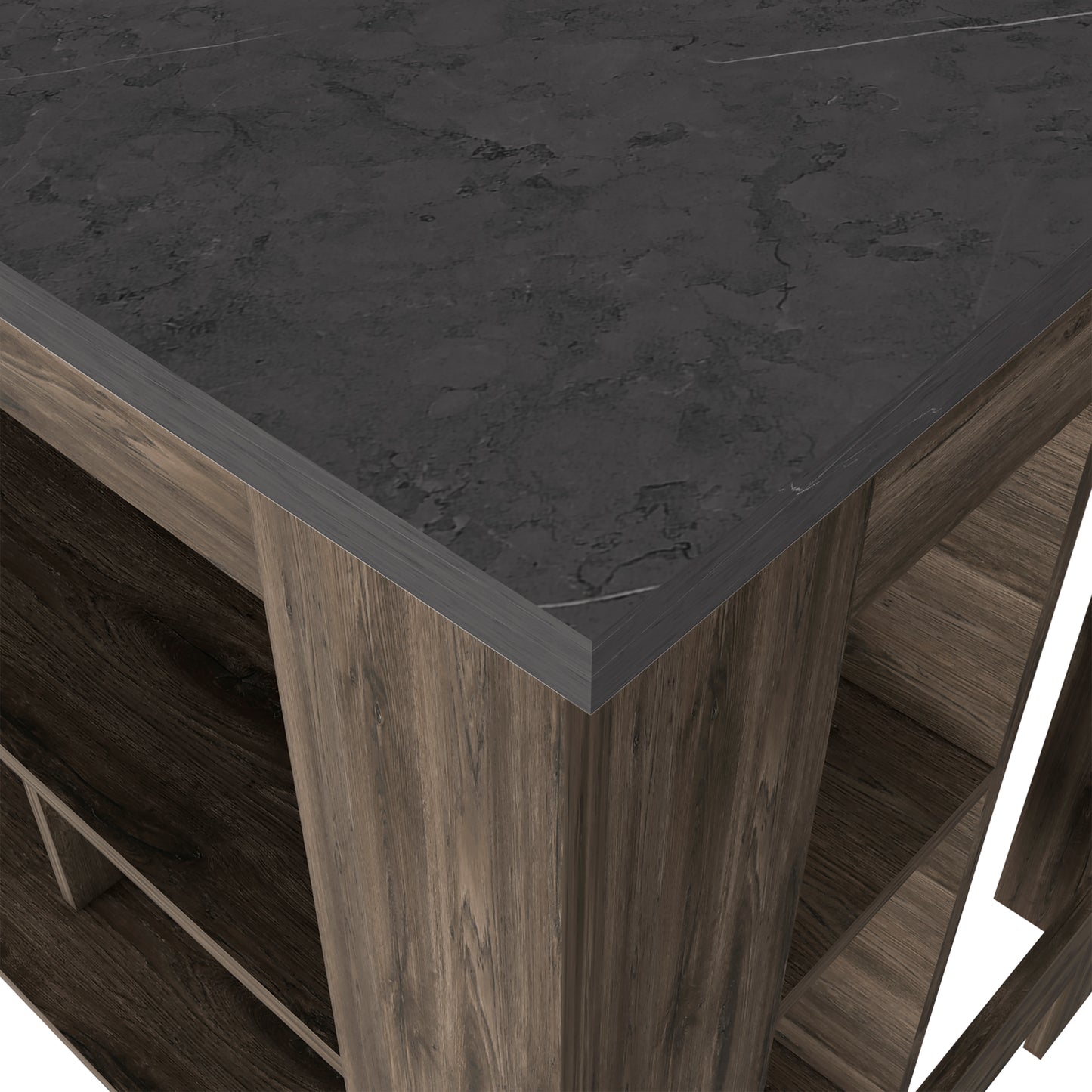 Dark grey marble countertop with textured wood base shelf unit