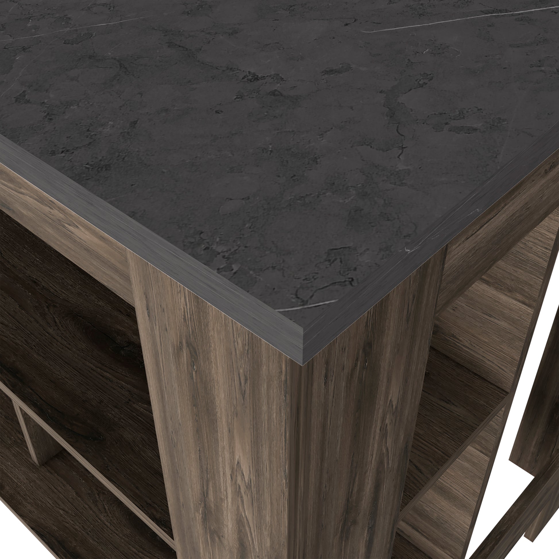 Dark grey marble countertop with textured wood base shelf unit