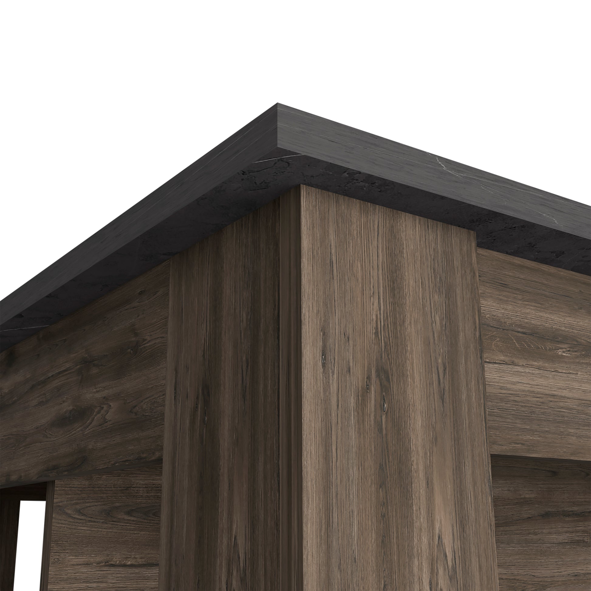 Dark gray faux marble countertop with natural wood cabinet corner