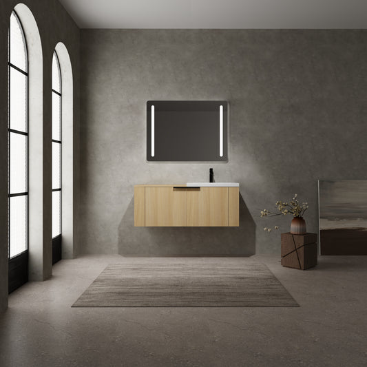 Light oak wood vanity with white countertop and modern black faucet featuring sleek design