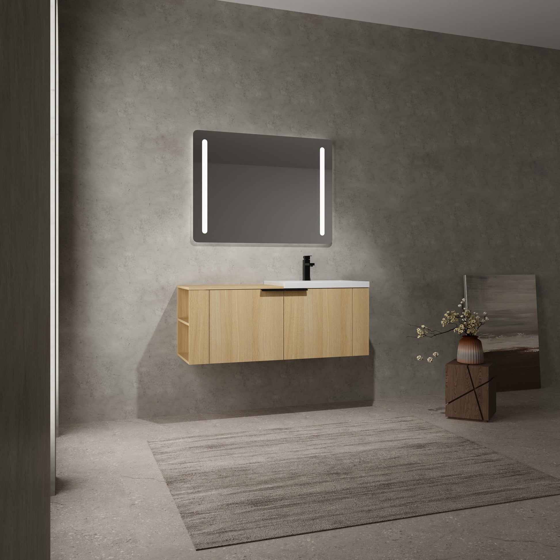 Modern floating oak bathroom vanity with integrated white countertop and LED mirror