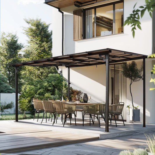 Dark brown metal pergola with adjustable canopy over a patio dining set for outdoor entertaining