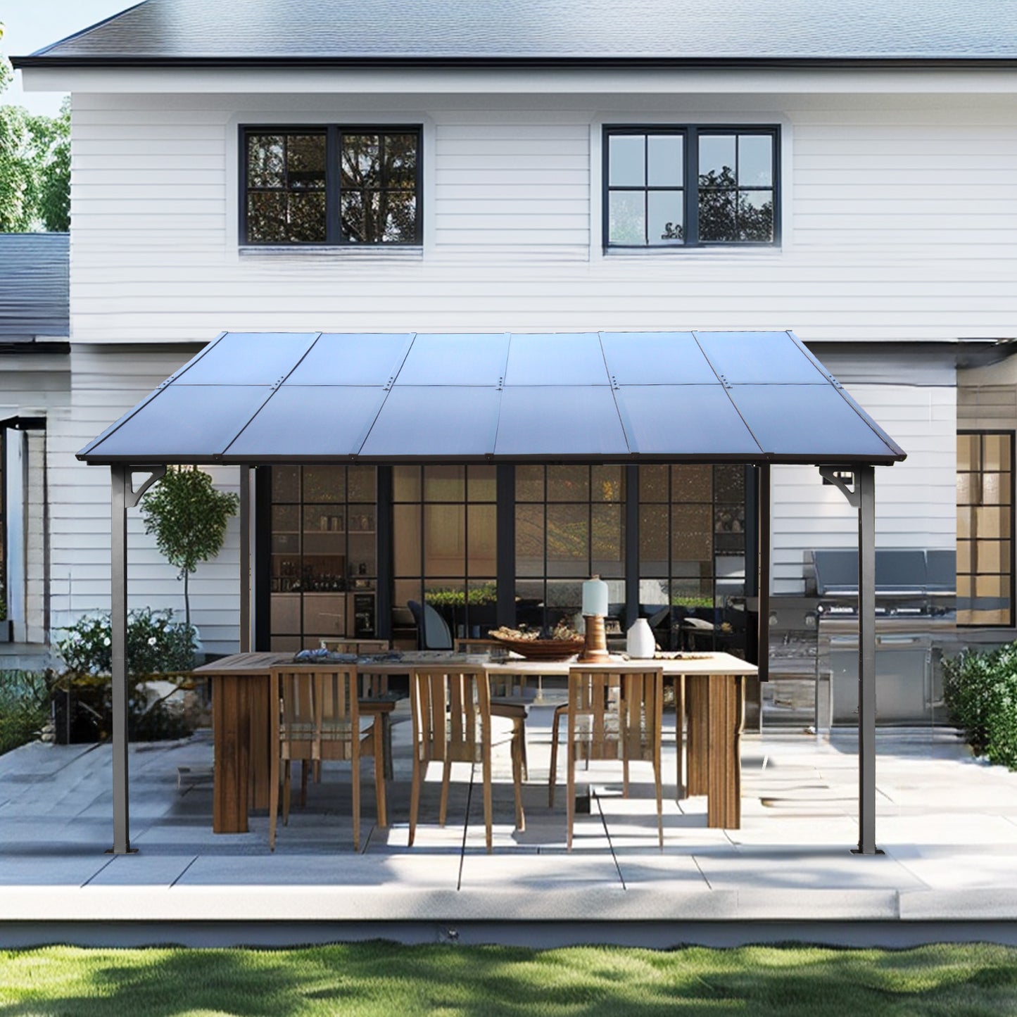 Modern patio gazebo with charcoal polycarbonate roof panels offering outdoor shelter