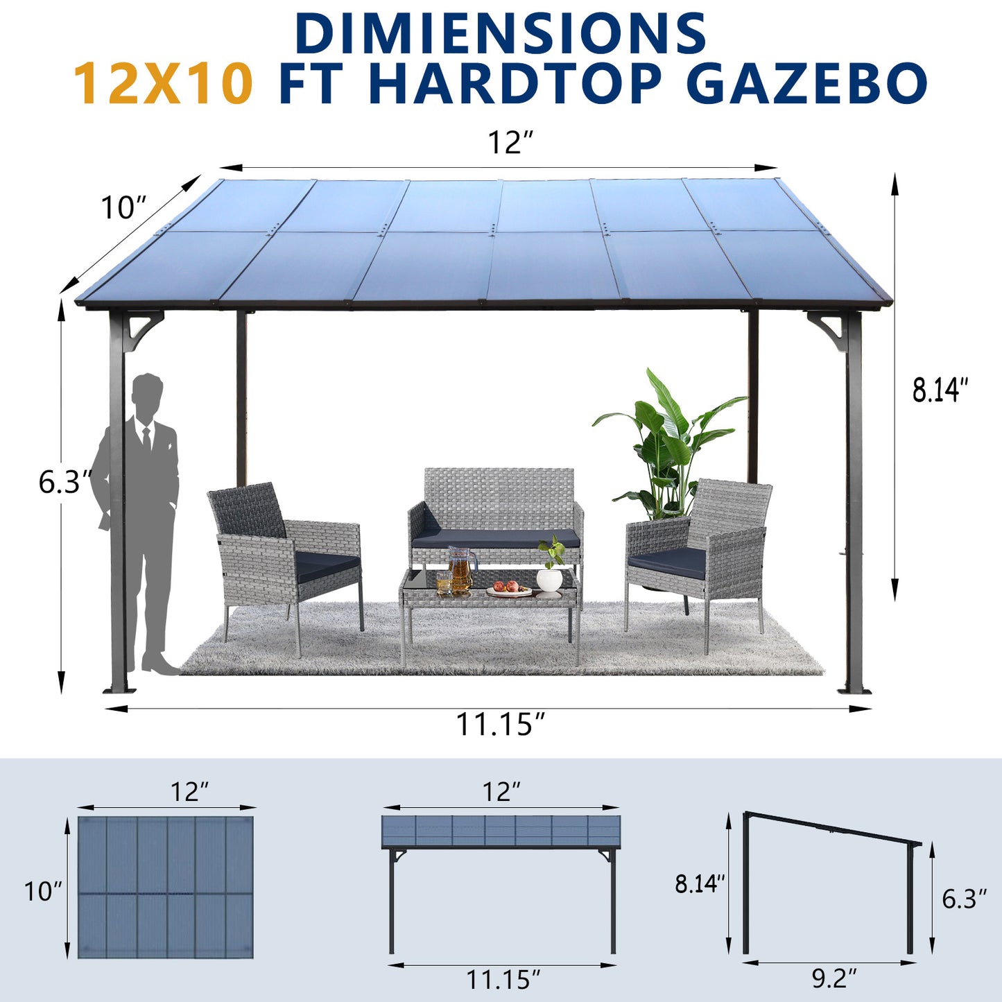 x ft hardtop gazebo with gray metal frame and clear polycarbonate roof panels