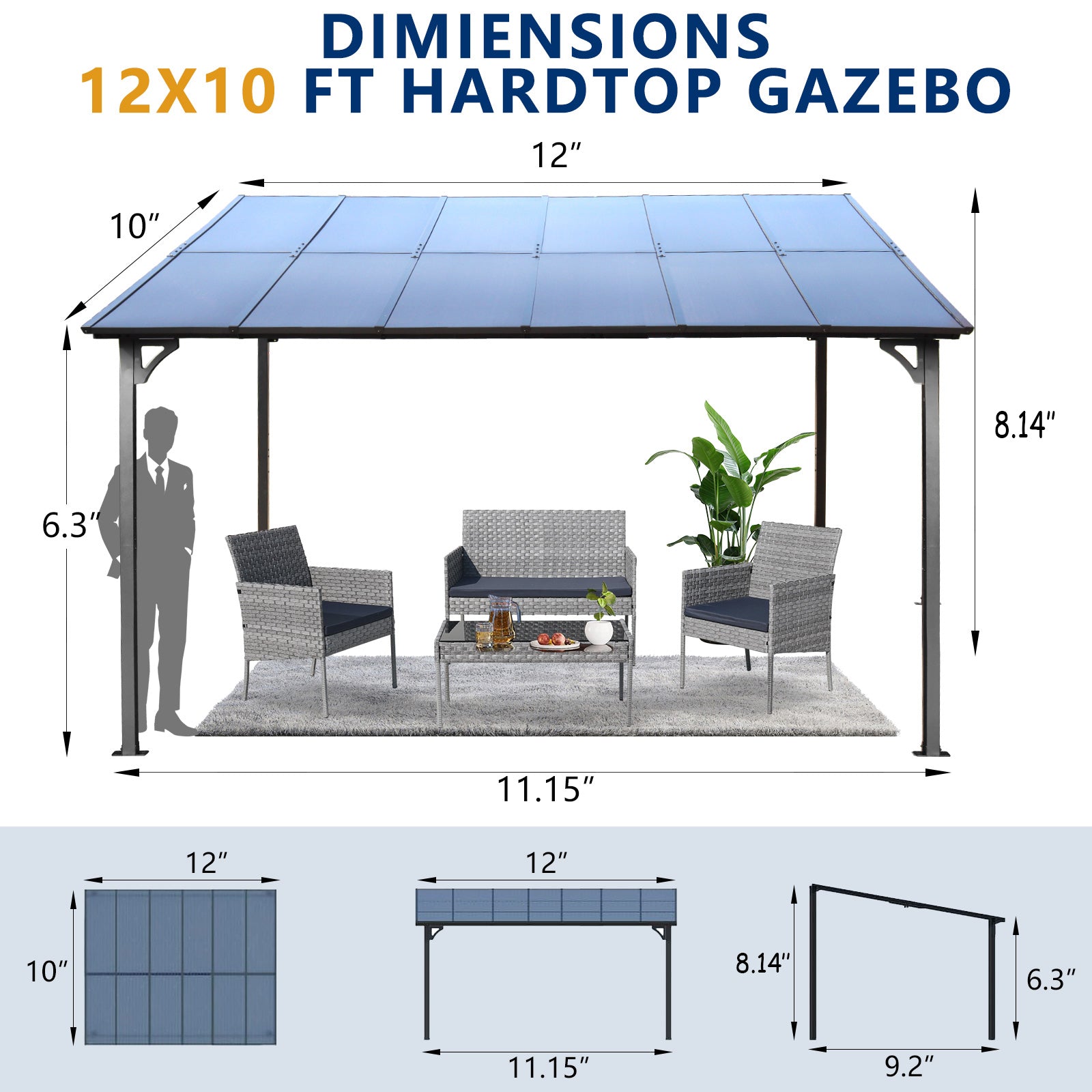 x ft hardtop gazebo with gray metal frame and clear polycarbonate roof panels