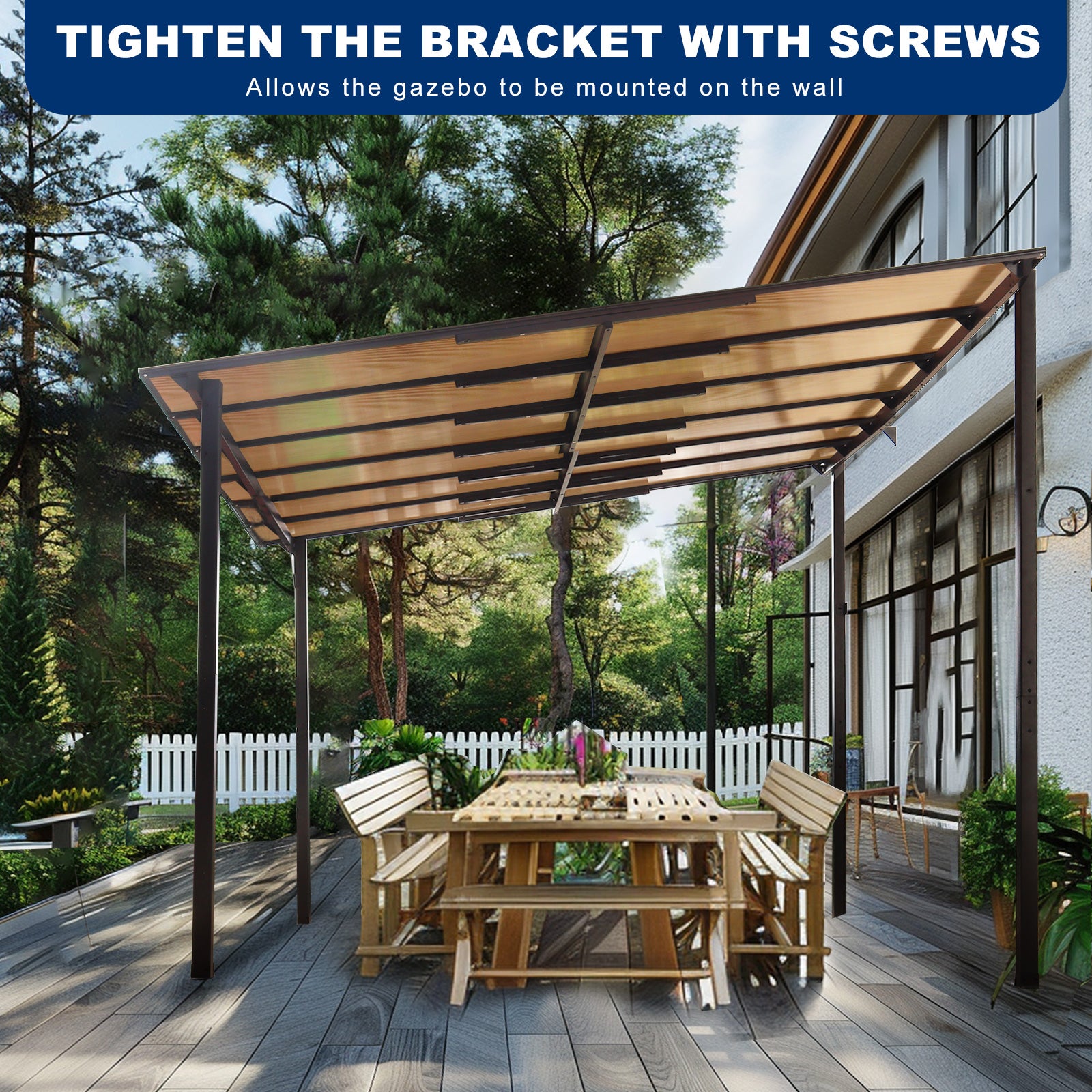 Brown metal framed patio gazebo with a clear polycarbonate roof and wooden picnic table