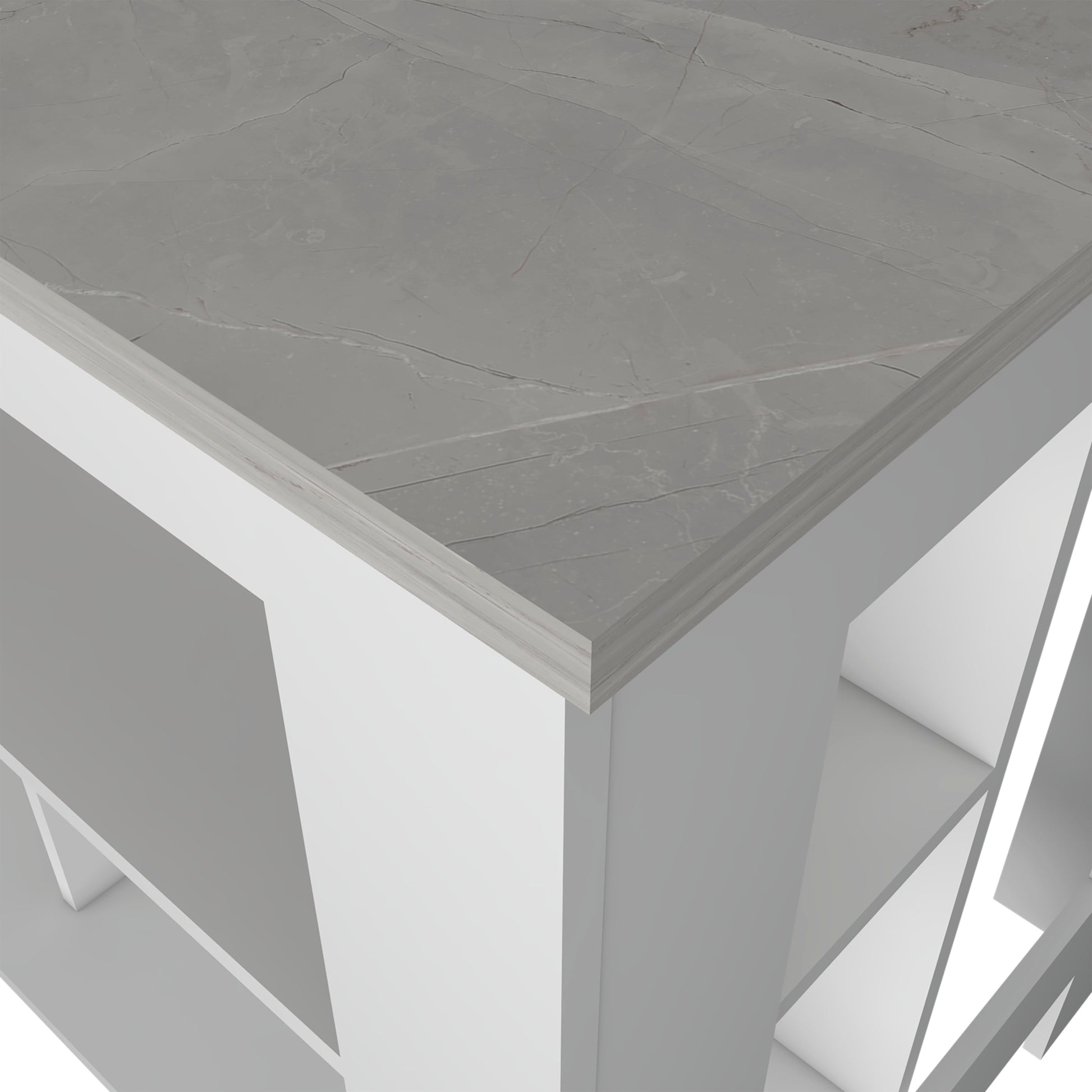 Modern gray marble countertop with white shelving unit