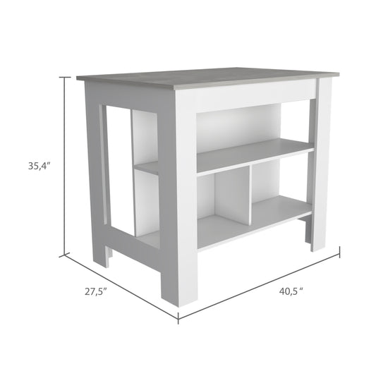 Modern white and grey kitchen island with three open shelves and spacious countertop