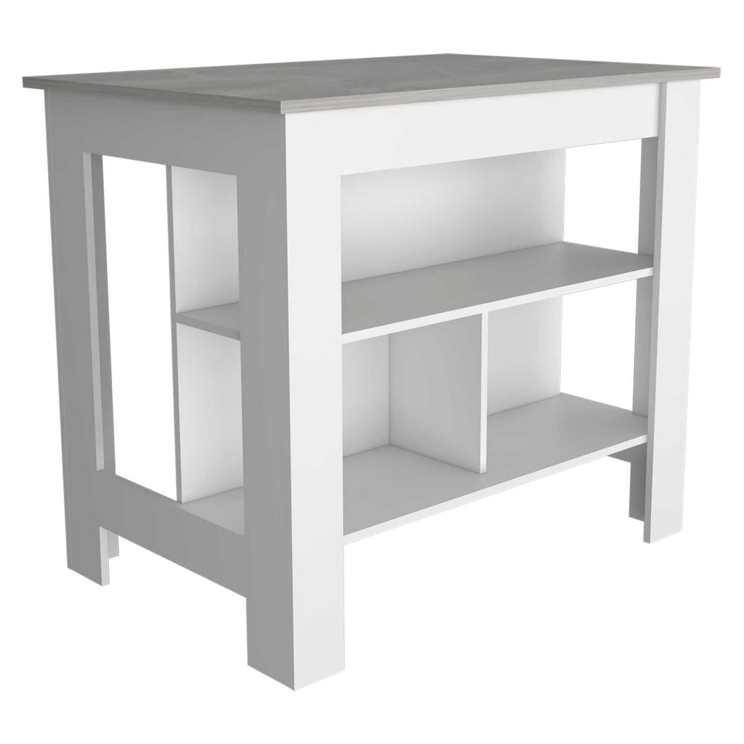 Modern white kitchen island with gray woodeffect countertop and open shelving