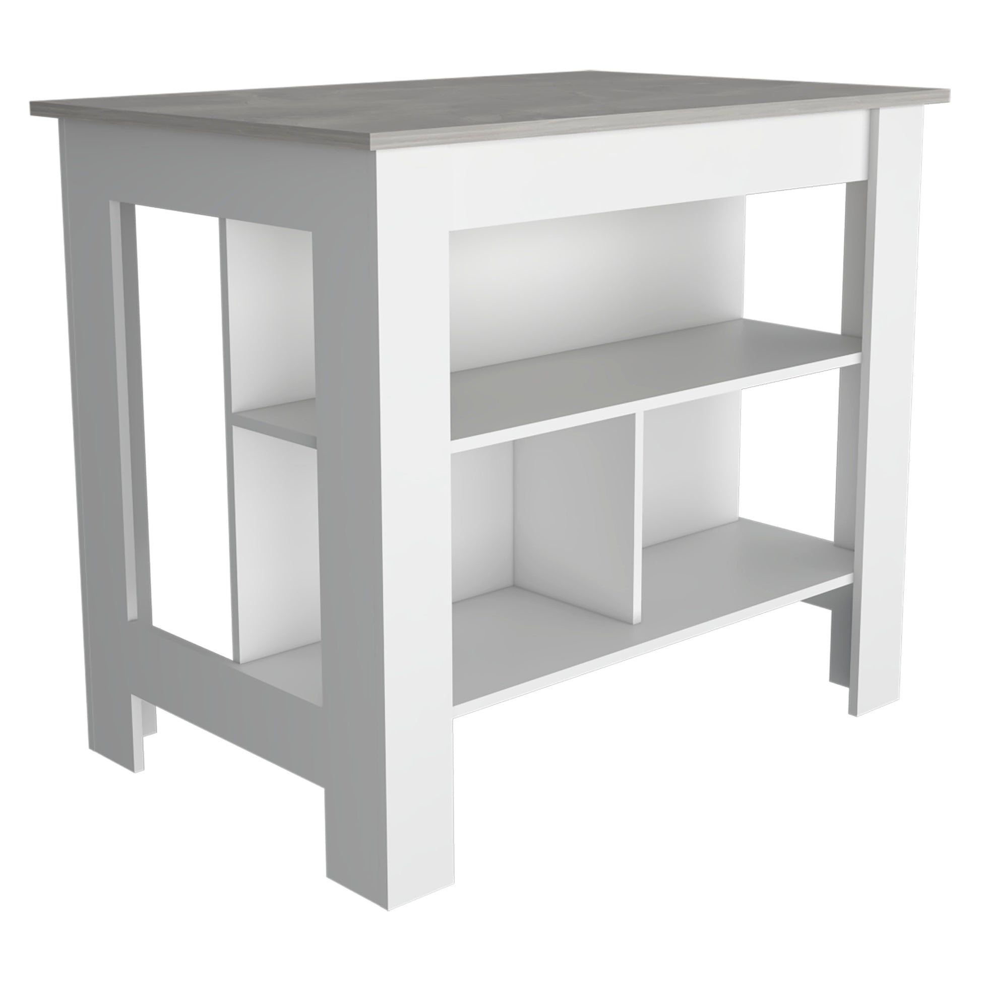 Modern white kitchen island with gray woodeffect countertop and open shelving