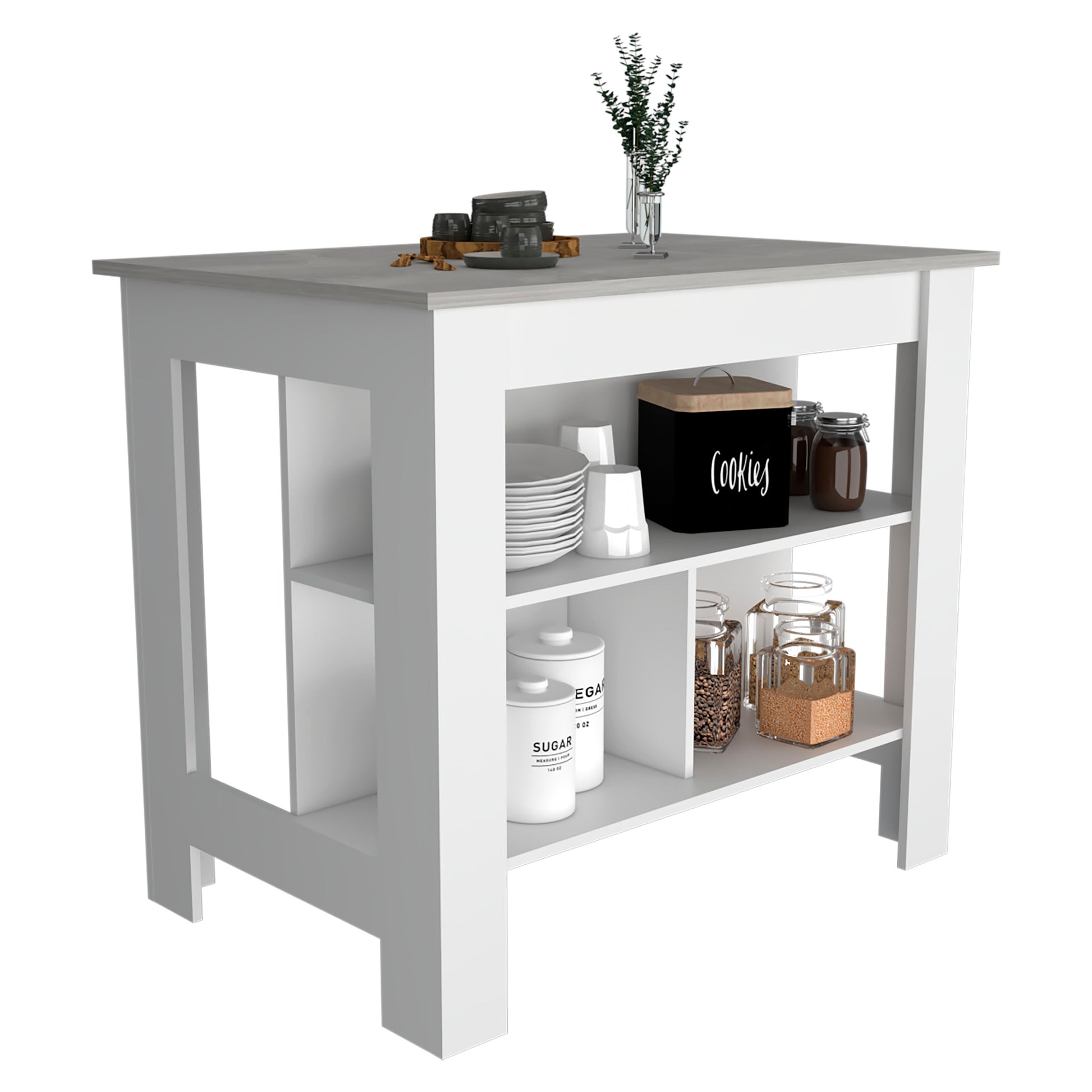White kitchen island with grey countertop and open shelves stocked with kitchenware