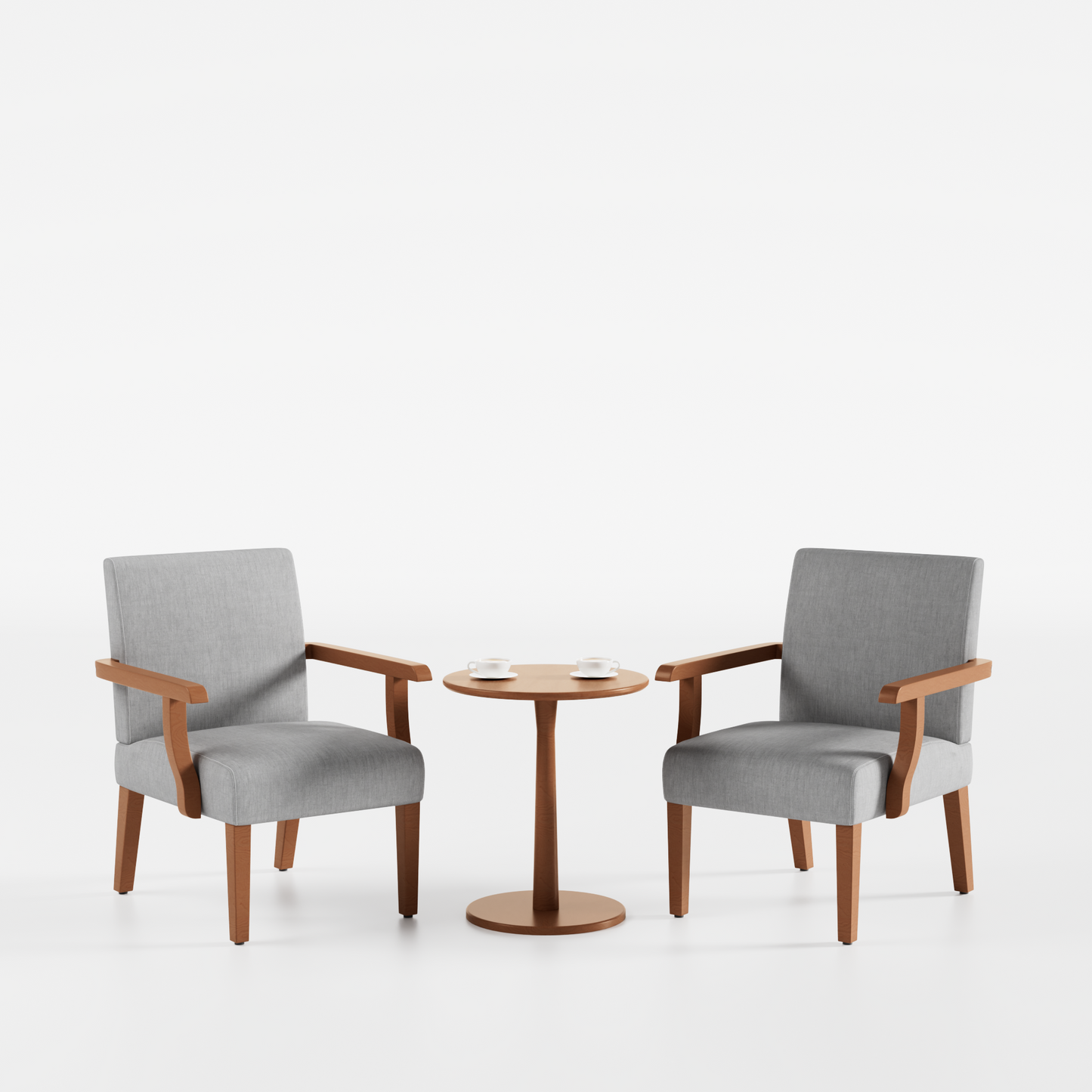Gray upholstered armchair with natural wood arms and legs perfect for modern living rooms