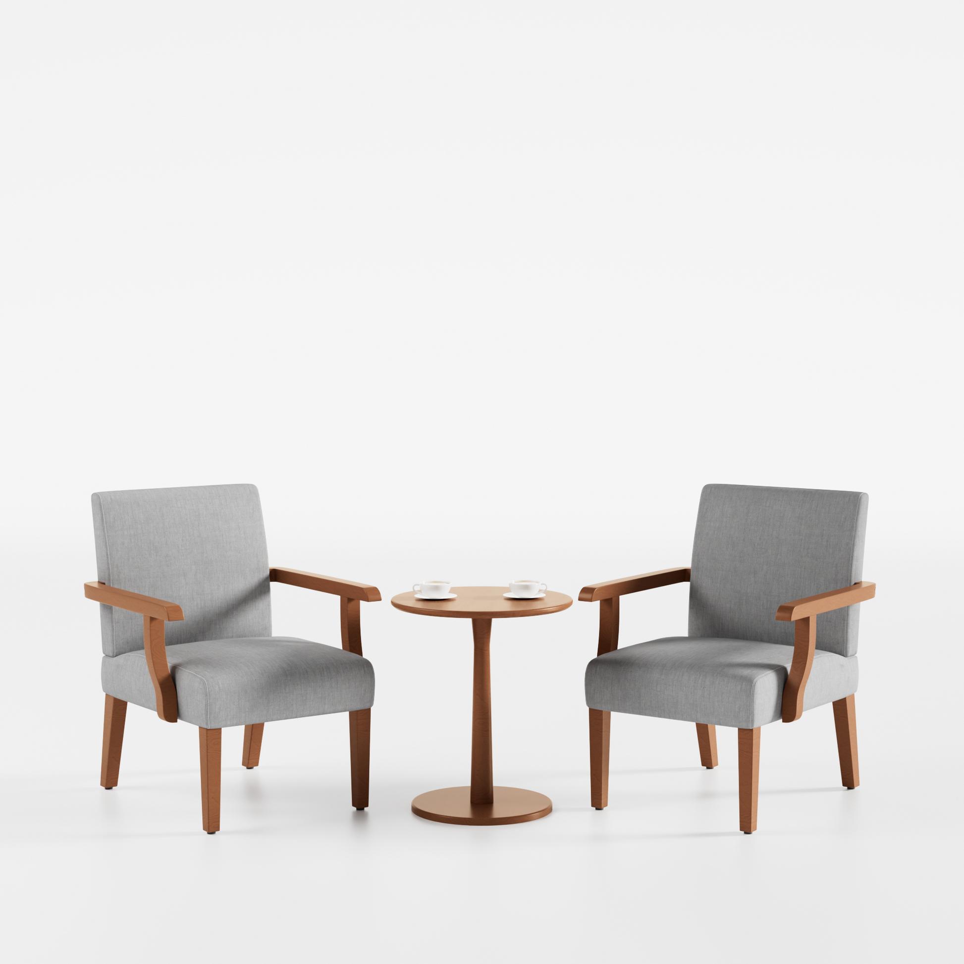 Gray upholstered armchair with natural wood arms and legs perfect for modern living rooms