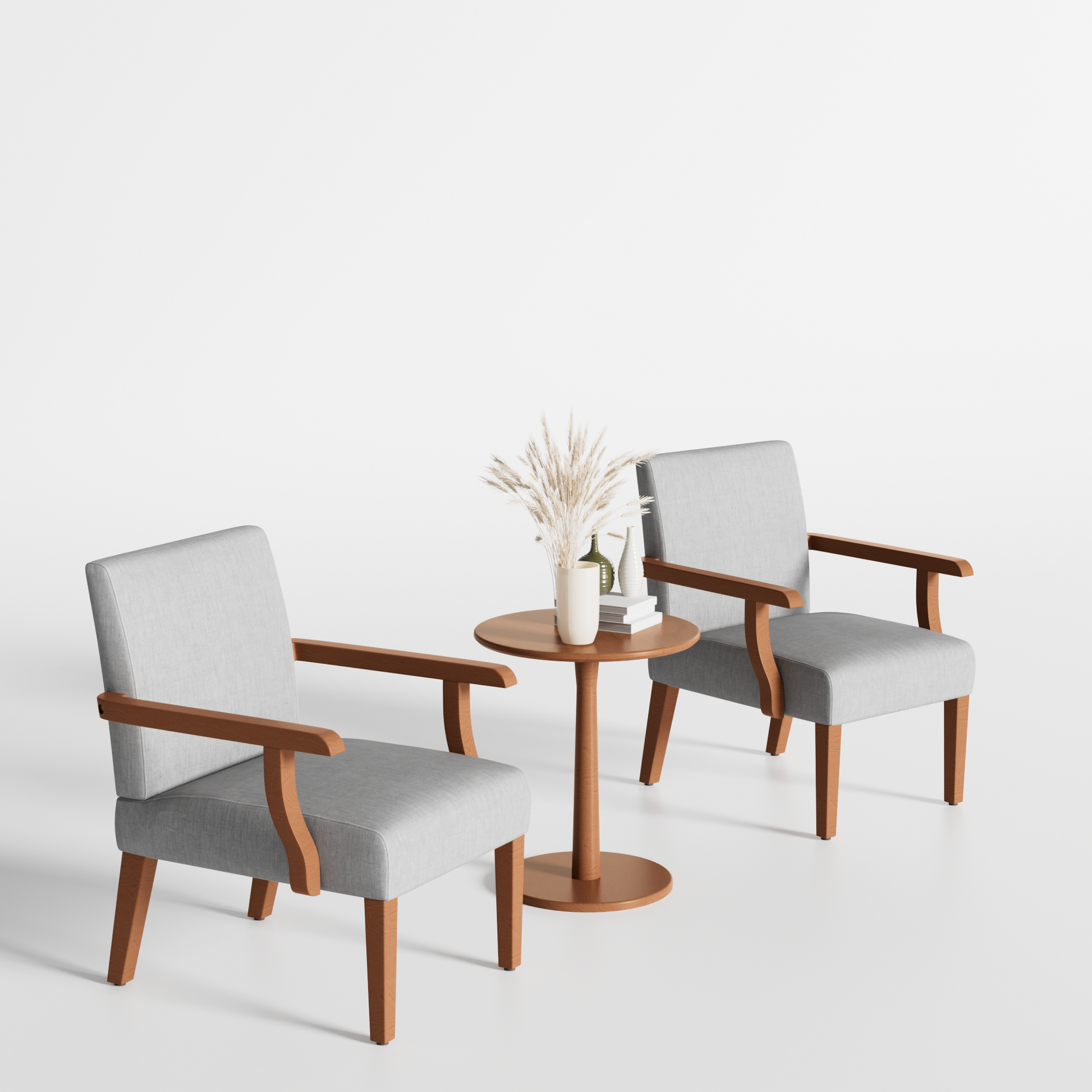 Light grey upholstered armchair with warm wood frame and armrests