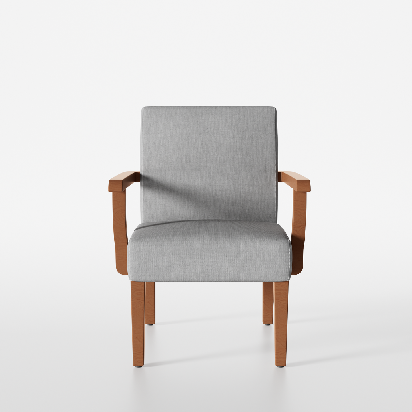 Modern grey upholstered armchair with light wood frame and arms