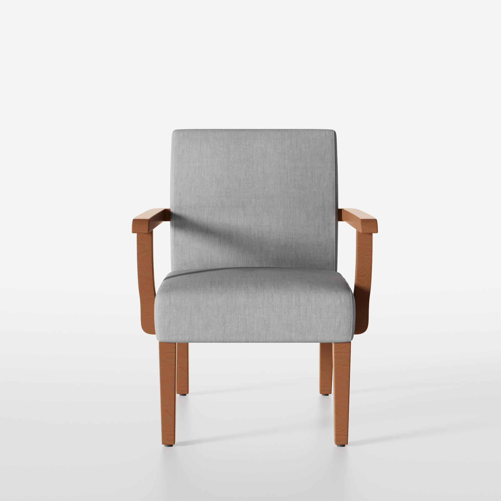 Modern grey upholstered armchair with light wood frame and arms