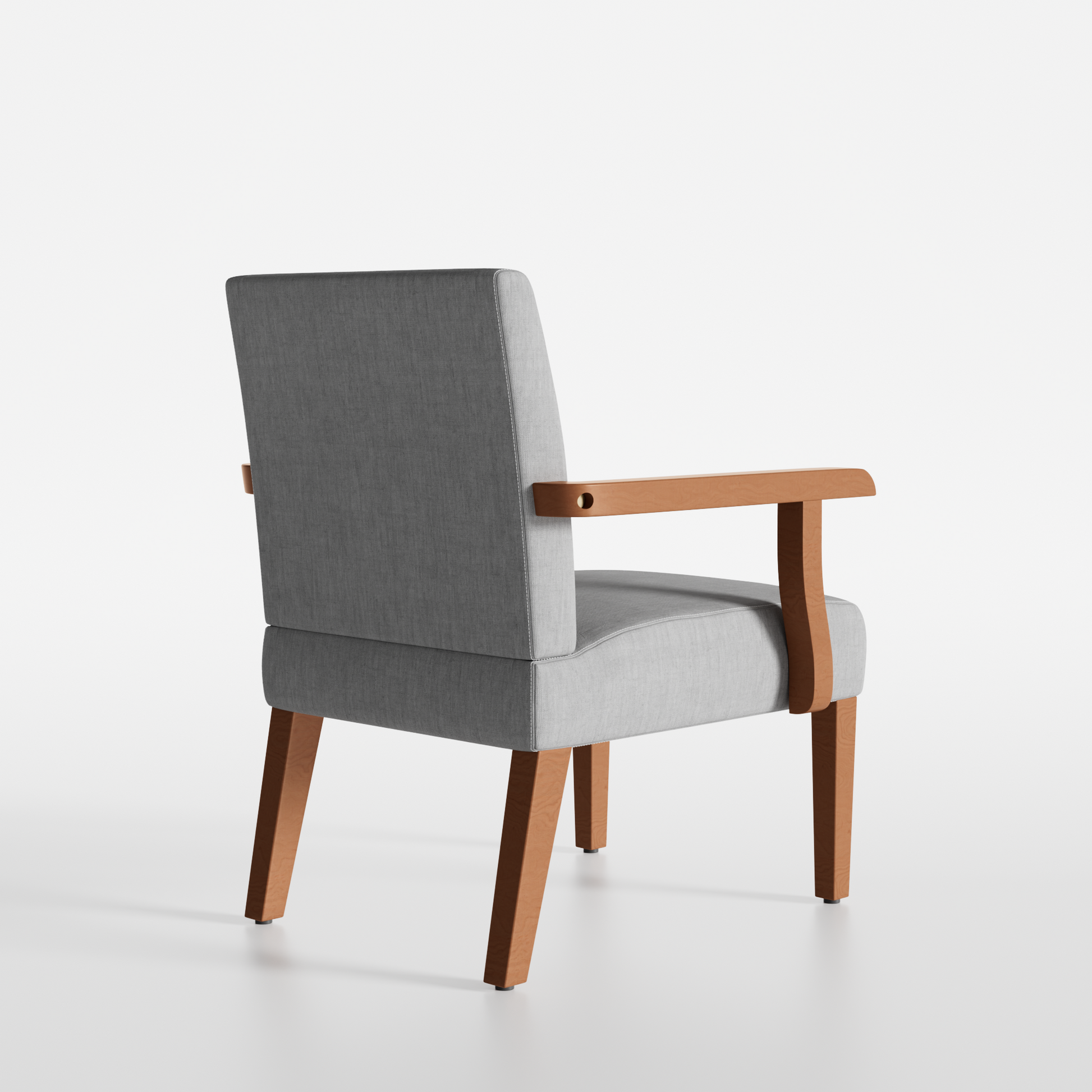 Midcentury modern armchair with grey fabric upholstery and light wood arms